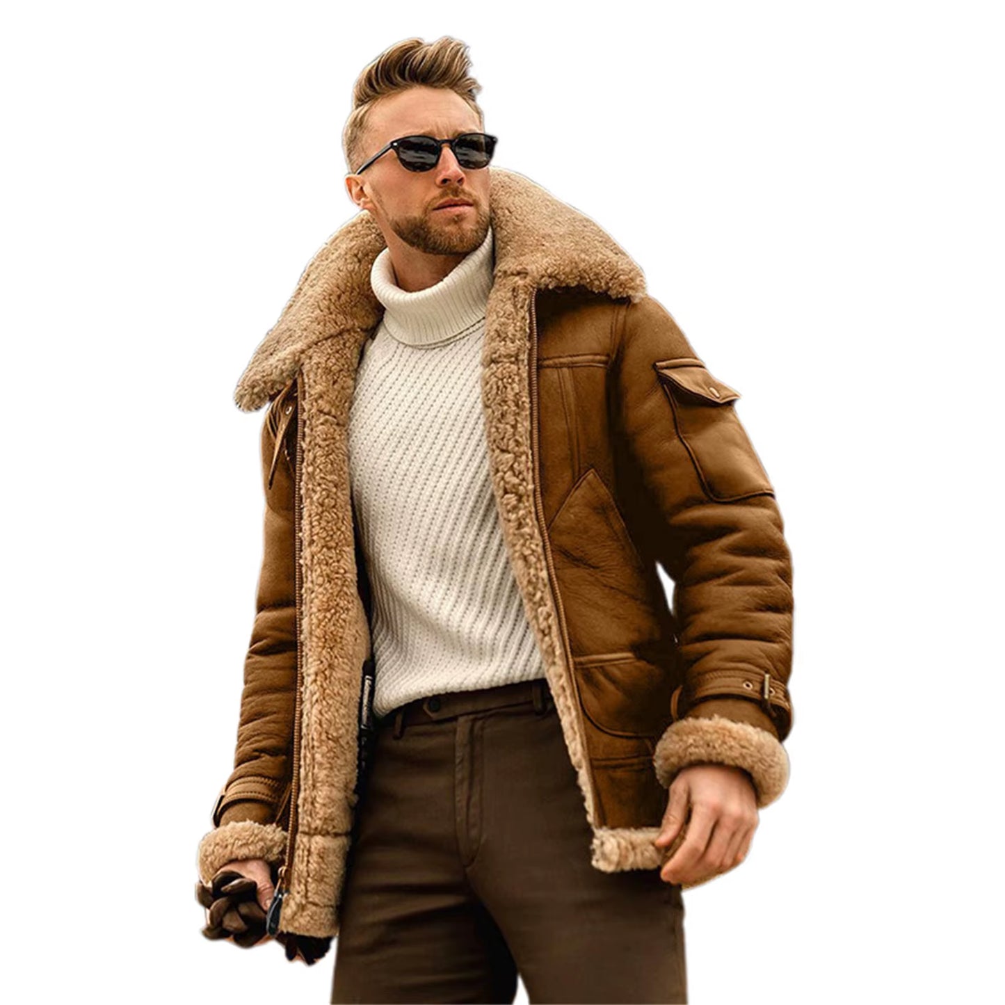 Men's Leather Zip-Up Jacket with Wool Fleece, Long Sleeve, Contrast Color Pockets, and Lapel Neck Casual Coat