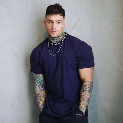 2024 Men's Short Sleeve Cotton Gym T-Shirt - Casual Slim Fit Fitness and Bodybuilding Workout Top for Summer