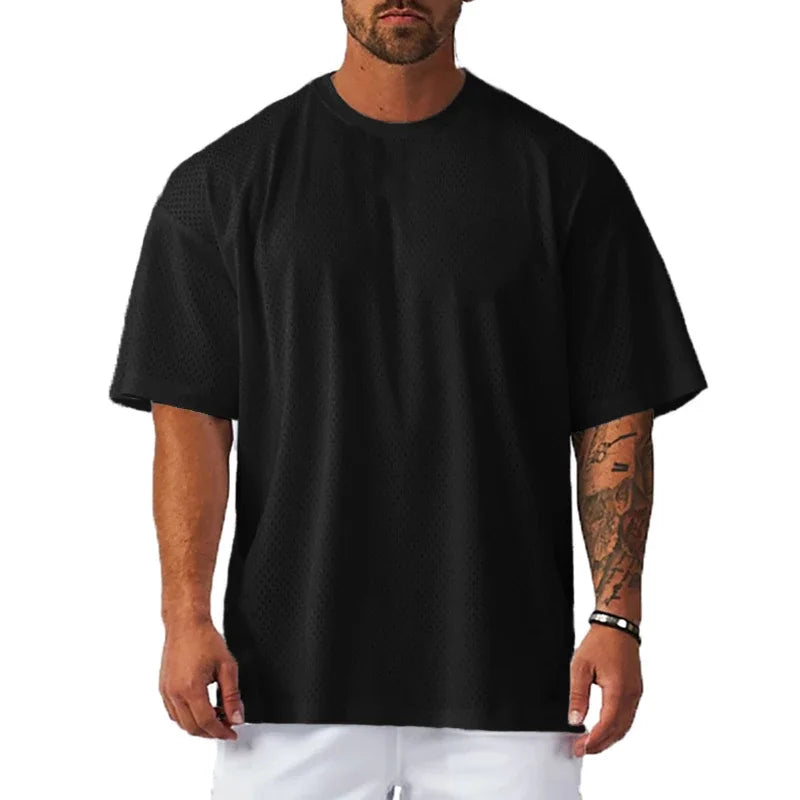 Oversize Loose Short Sleeve Sport T-Shirts Dropped Shoulders Gym Fitness Bodybuilding Shirt Mesh Breathable Quick Dry Men'S Tees