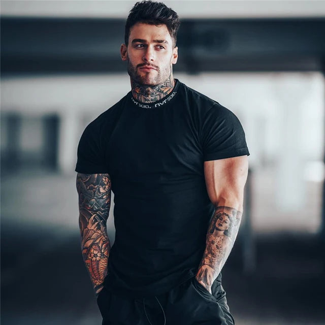 2024 Men's Short Sleeve Cotton Gym T-Shirt - Casual Slim Fit Fitness and Bodybuilding Workout Top for Summer